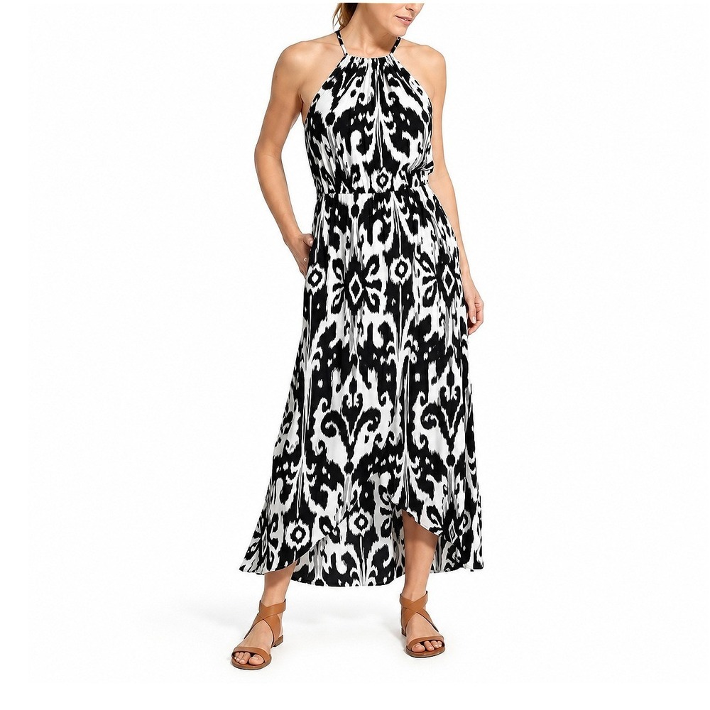 Athleta Ikat Floral Bloom Maxi Dress Black White Halter Padded Bra XXS